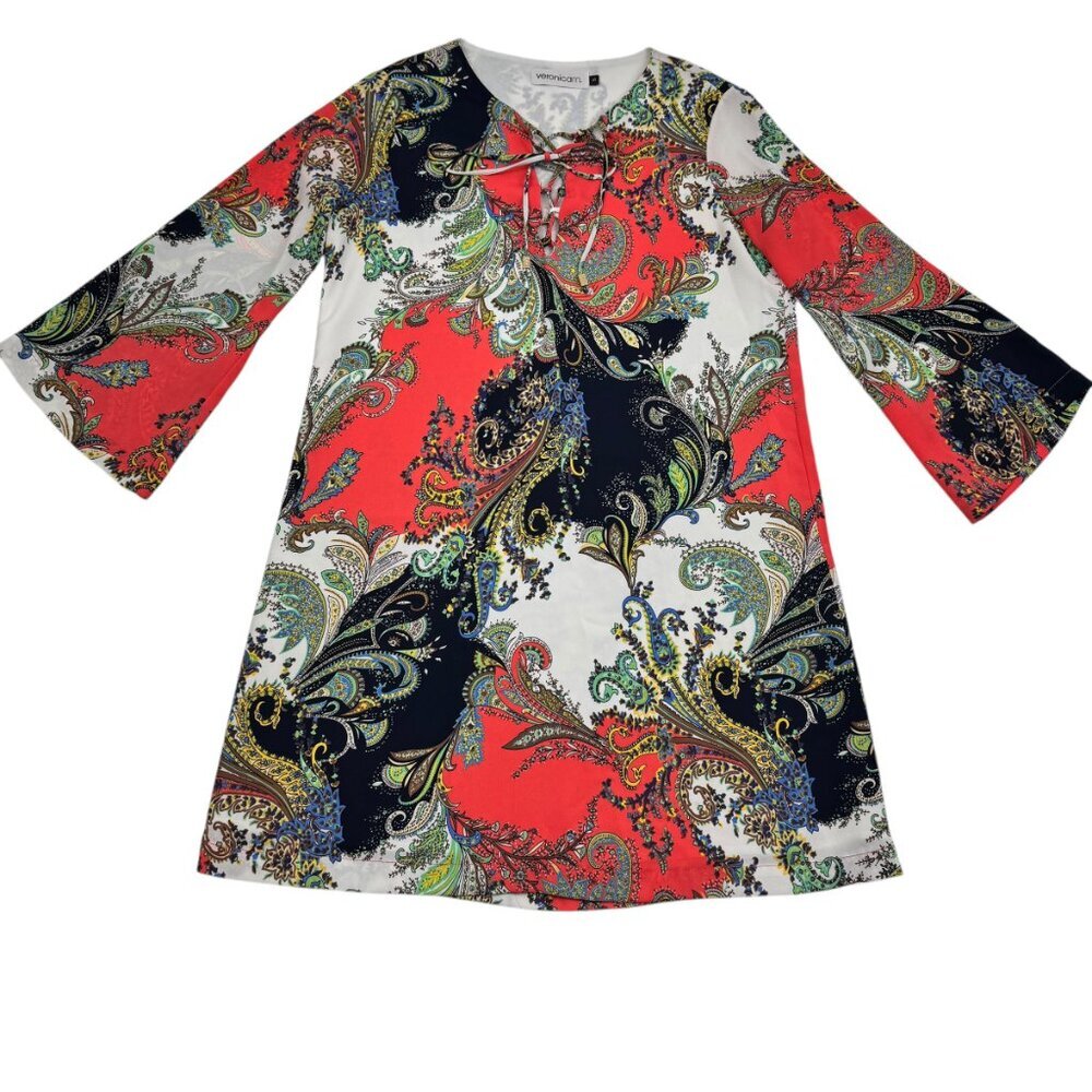 Veronica M Floral/Paisley Tie Front Boho Bell Sleeve Dress Women's Size Small